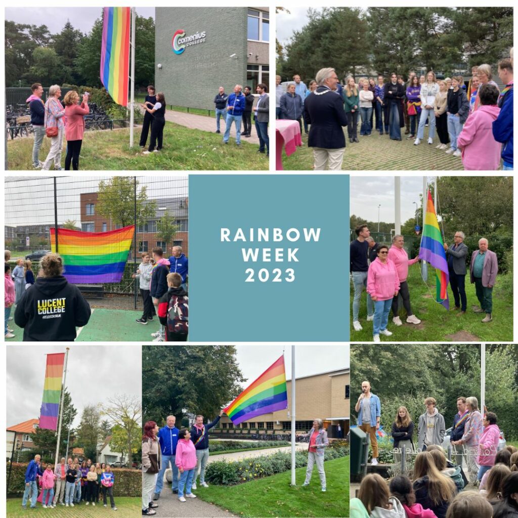 Collage van 7 foto's met deelnemende scholen en gemeenten die de vlag hijsen of luisteren naar een toespraak